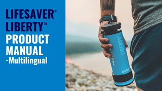 Person holding a blue Liberty water bottle with text about a multilingual product manual on a blue background.