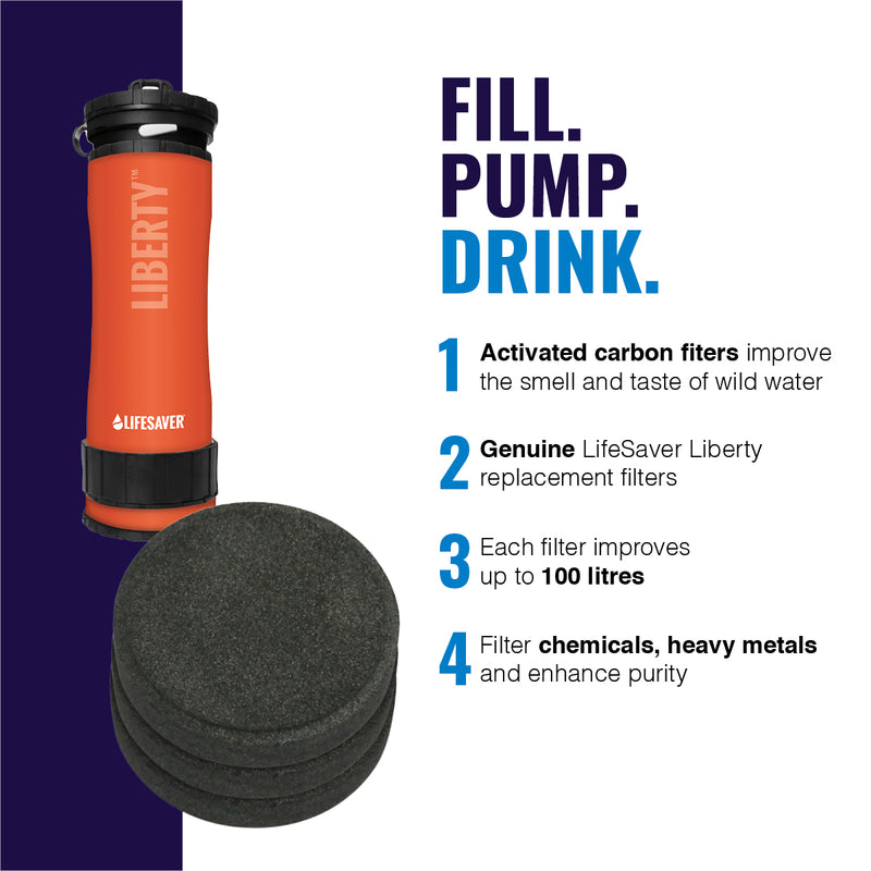 Cargue la imagen en el visor de la galería, Lifesaver Liberty water filter with replacement carbon filters on a blue and white background