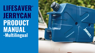 Blue jerry can with 'Lifesaver' branding on a vehicle, next to text about a multilingual product manual.