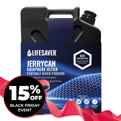 Lifesaver Jerrycan Graphene-Ultra portable water purifier with a Black Friday discount label.