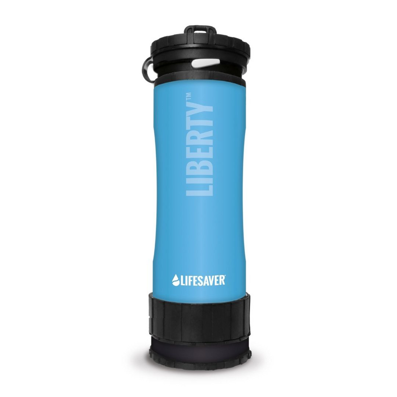 Cargue la imagen en el visor de la galería, Blue Liberty water bottle with black cap on a white background
