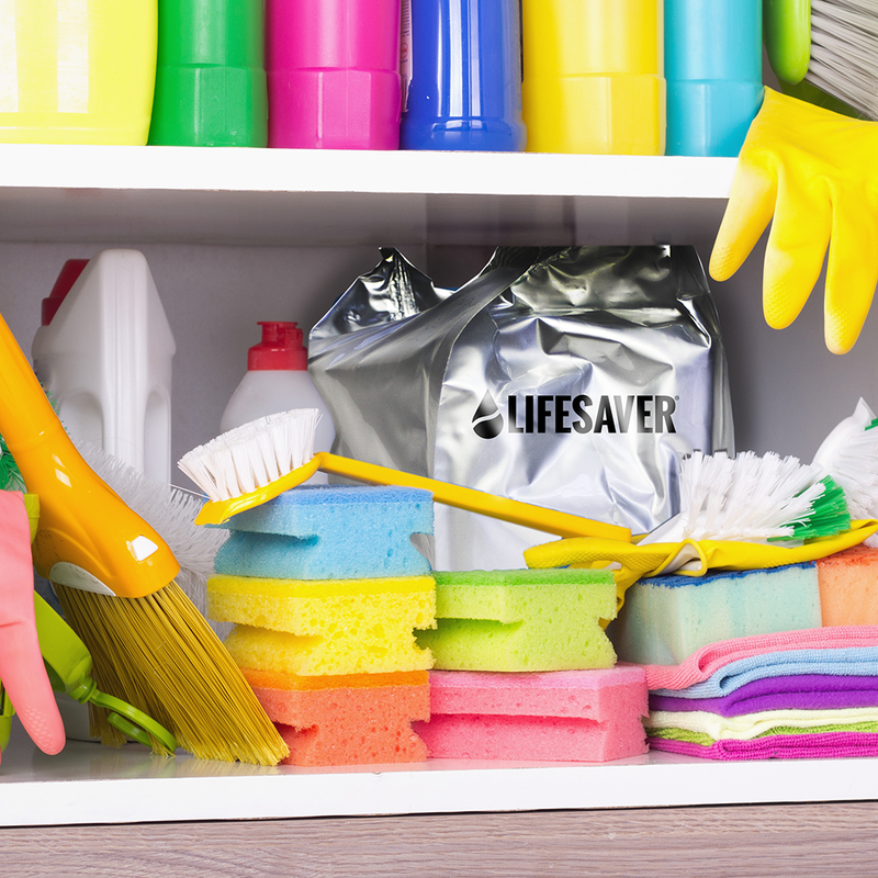Cargue la imagen en el visor de la galería, Cleaning supplies including sponges, brushes, and a foil-wrapped LifeSaver Cube on a shelf.
