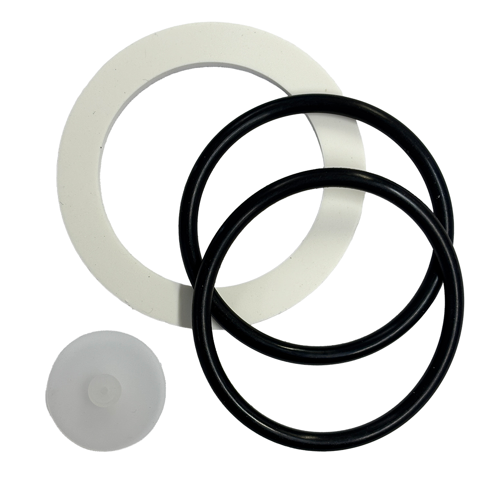 Set of gaskets including a white washer, black O-rings, and a gray gasket on a white background