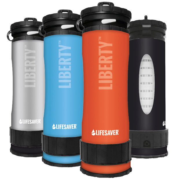 Four Lifesaver Liberty water purifiers in silver, blue, orange, and black, arranged in a row against a solid white background.