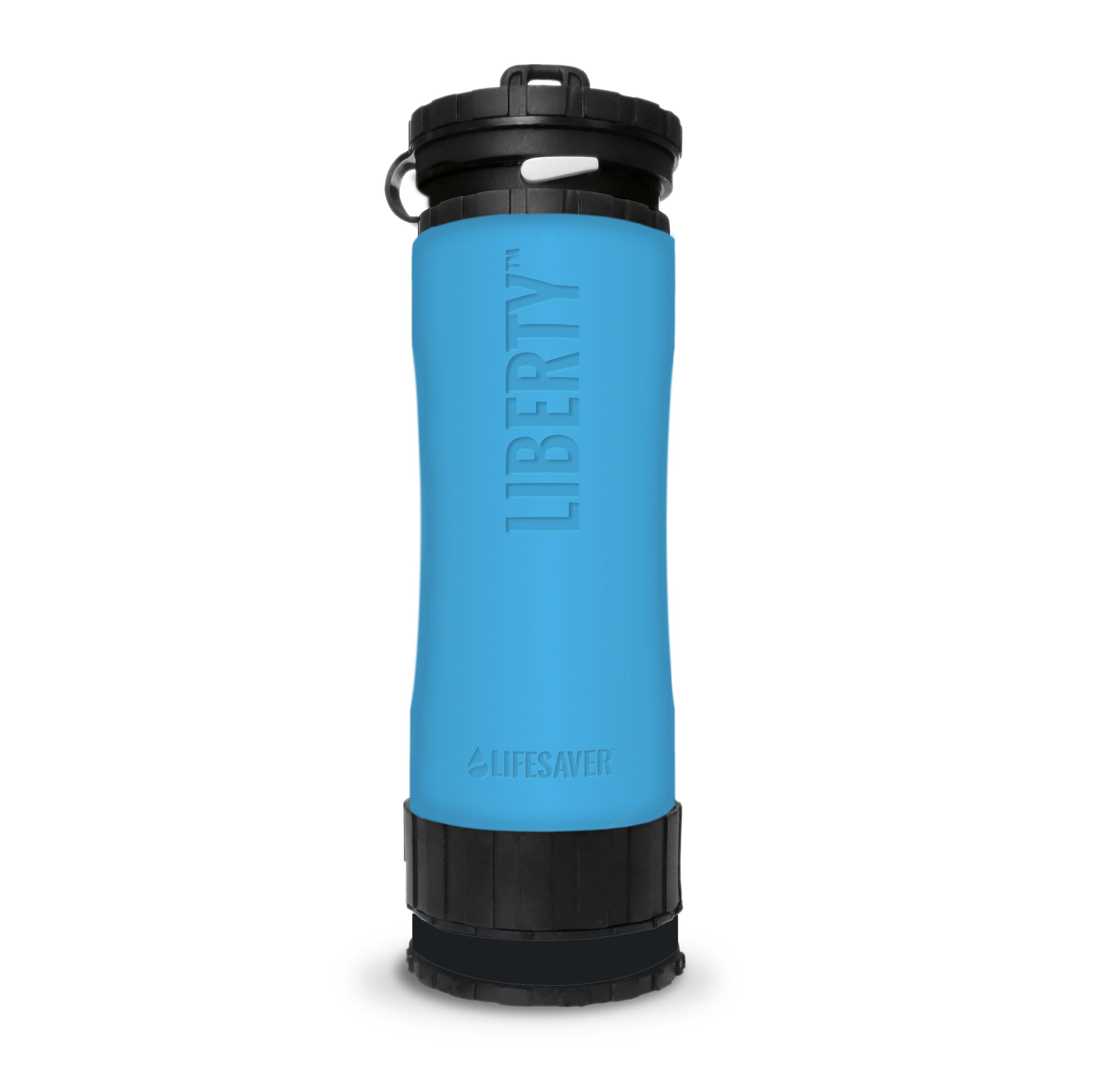 Blue water filter bottle with black lid on a white background