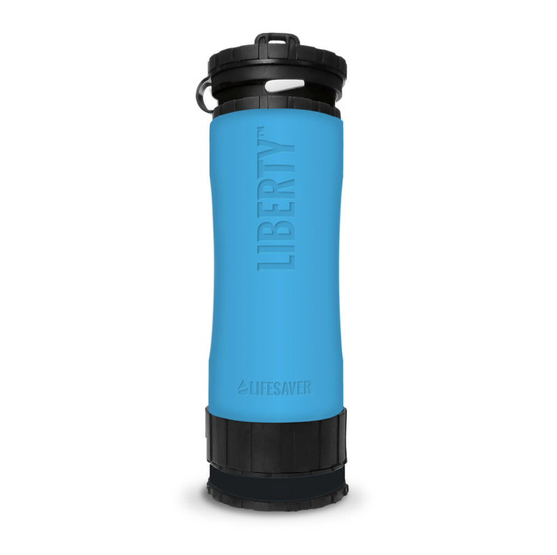 Cargue la imagen en el visor de la galería, Blue water filter bottle with black lid on a white background
