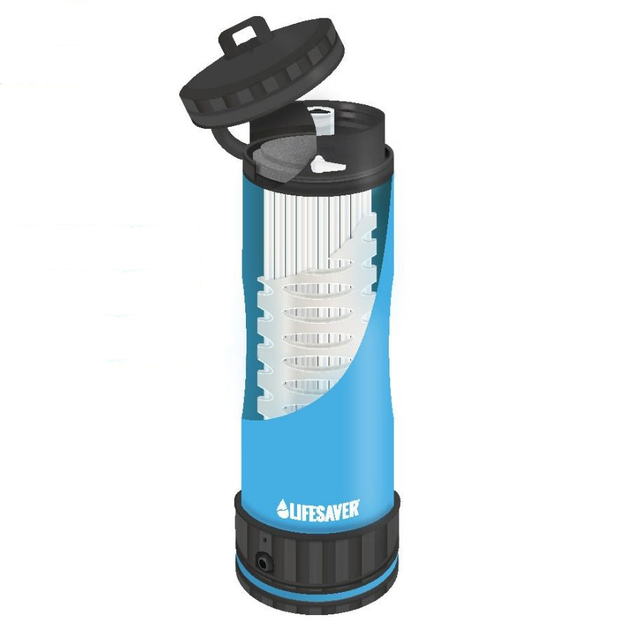 A Lifesaver Liberty with a blue body, black top and base, and an open black lid showing the filter mechanism inside, on a white background.