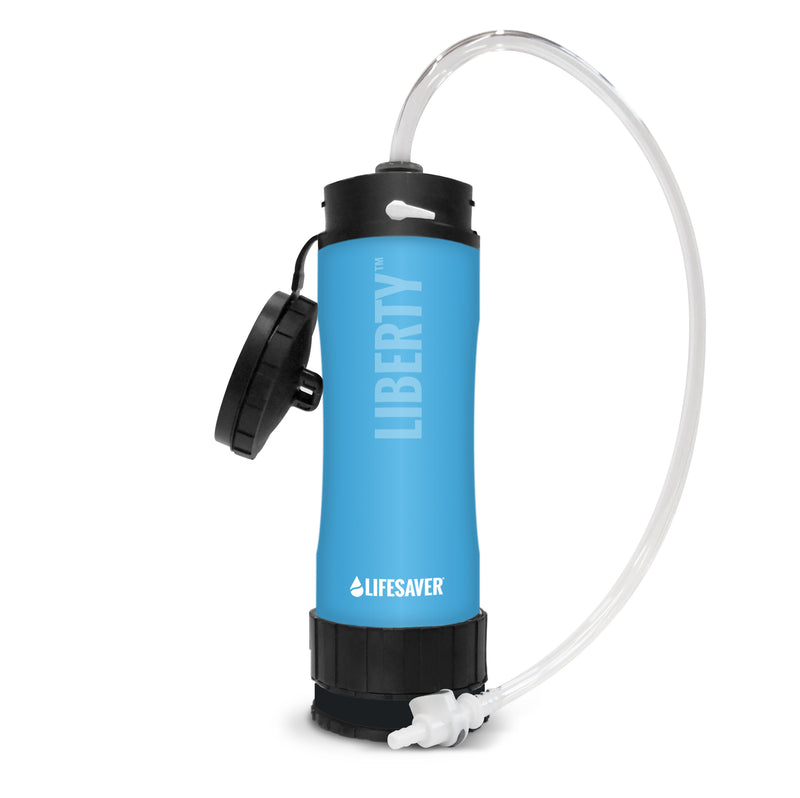 Cargue la imagen en el visor de la galería, Blue Liberty LifeSaver water filter with hydration bladder connector on a white background
