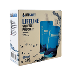 Lifesaver Lifeline Squeeze Pouch packaging with blue water bottles on a beige background