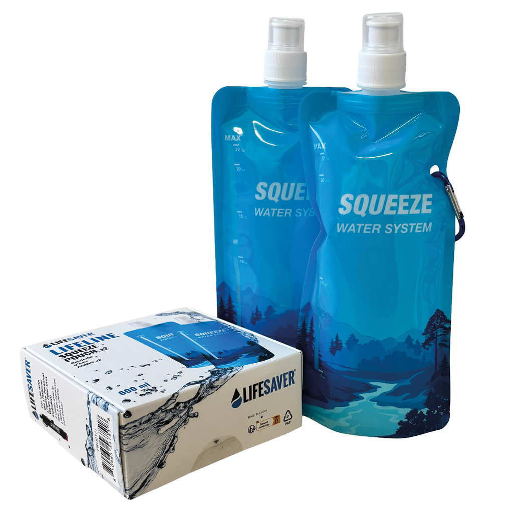 Two blue LifeSaver Lifeline 'Squeeze Water System' bottles with a box labeled 'Lifesaver' on a white background.