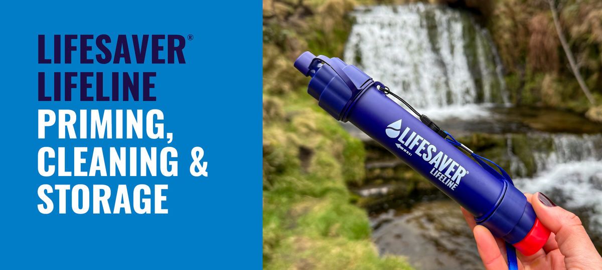 A hand holds a blue Lifesaver Lifeline portable water filter against a blurred waterfall background, with a blue text panel on the left reading 'LIFESAVER LIFELINE PRIMING, CLEANING & STORAGE'.