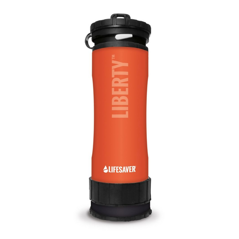 Cargue la imagen en el visor de la galería, Orange water bottle with black lid and &#39;Lifesaver&#39; branding on a white background
