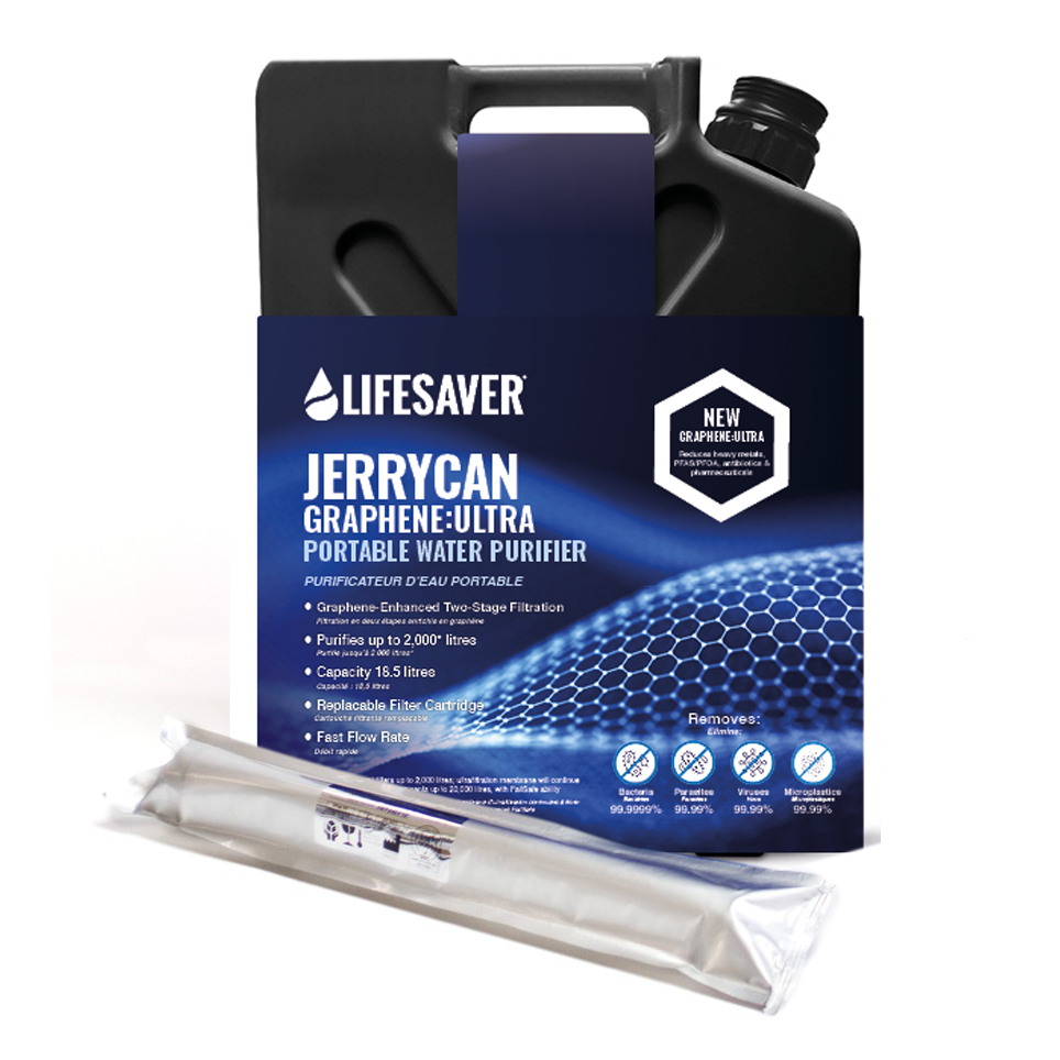 Lifesaver Jerrycan Graphene:Ultra portable water purifier kit, featuring a black plastic jerrycan with a dark blue label and a packaged replacement filter cartridge in front, on a white background.